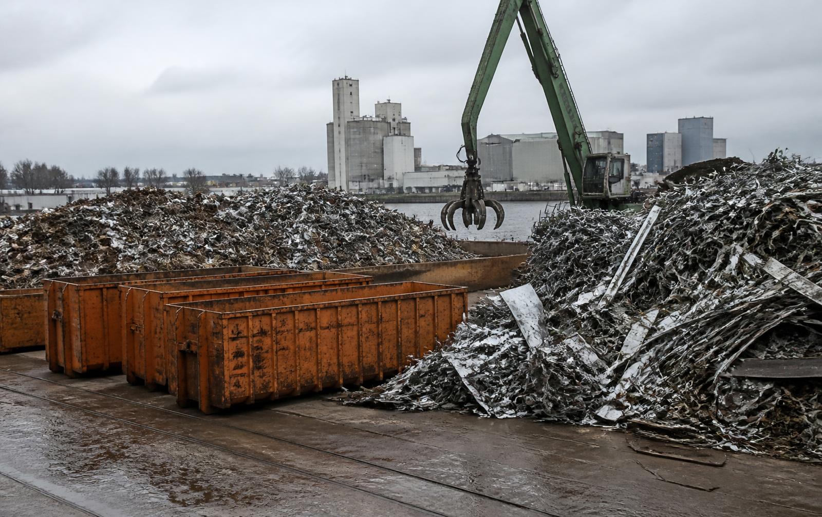 Recyclagewerf met schrootbergen, oranje containers en een kraan met grijper