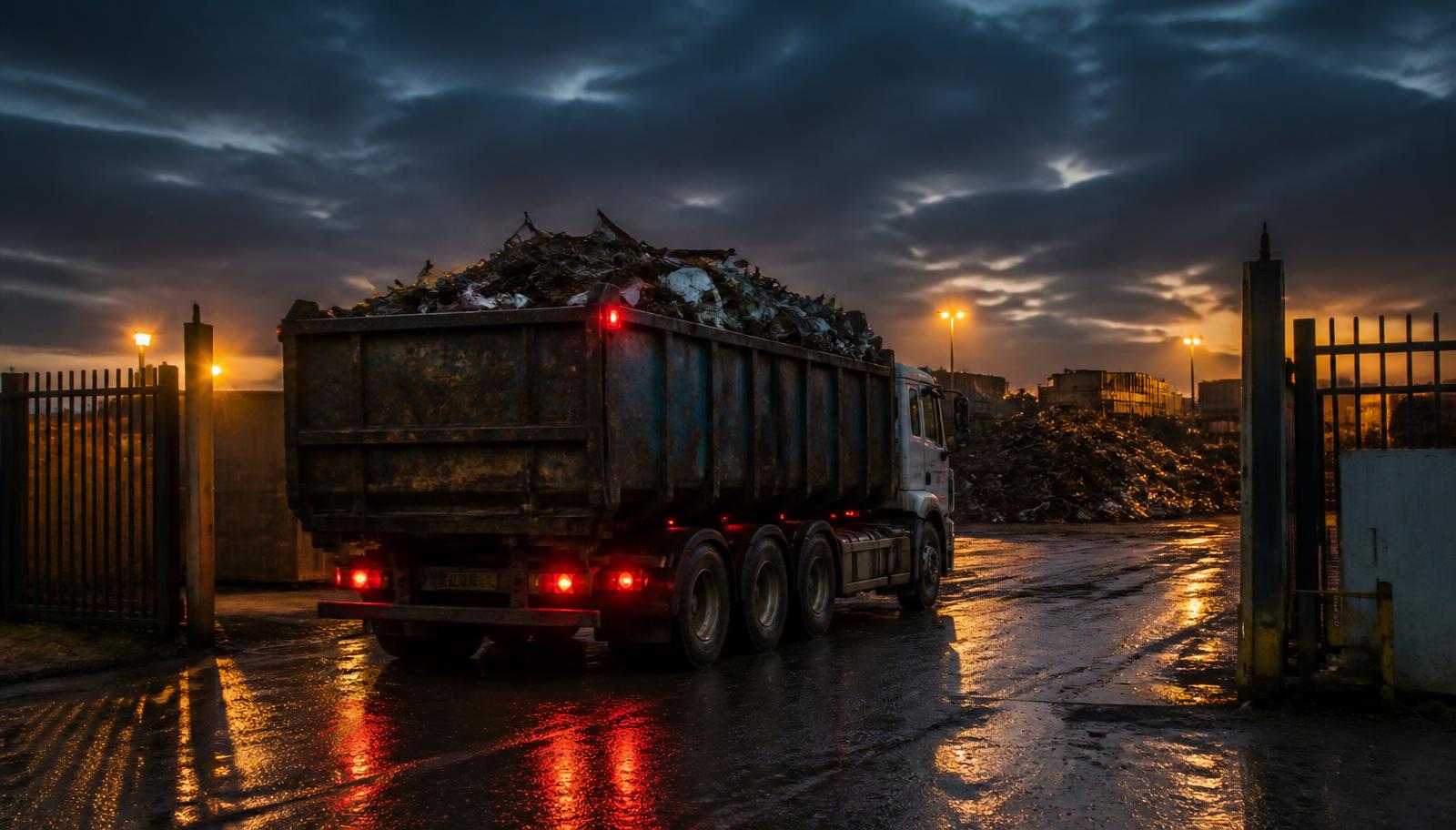 Vrachtwagen met container schroot verlaat de poort van een recyclagewerf